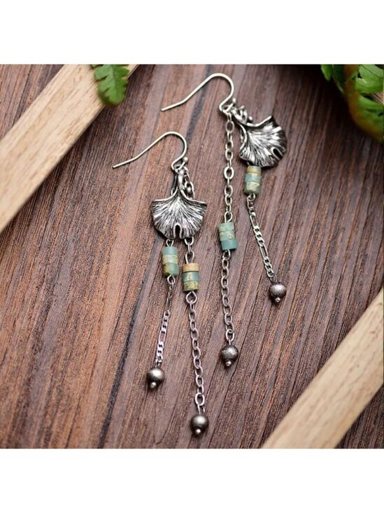 Handcrafted USA Artisan Jewelry - Amazonite Jasper Beaded Dangle Chain Earrings Silver Leaf Artisan